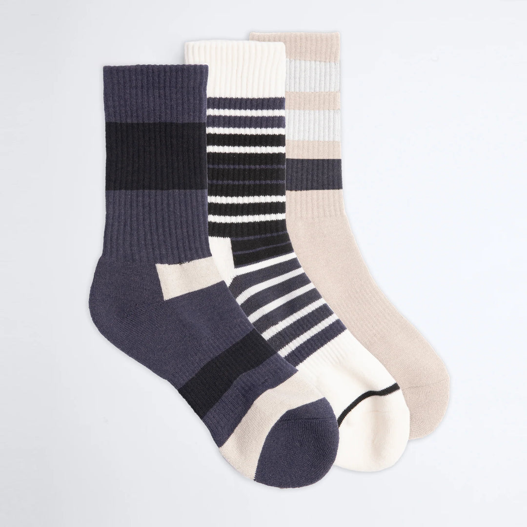 Coal Everyday Crew 3 Pack Stripe Socks Navy/Brown/Bos