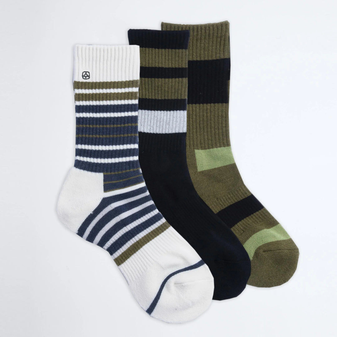 Coal Everyday Crew 3 Pack Stripe Socks Olive/Black/Ols