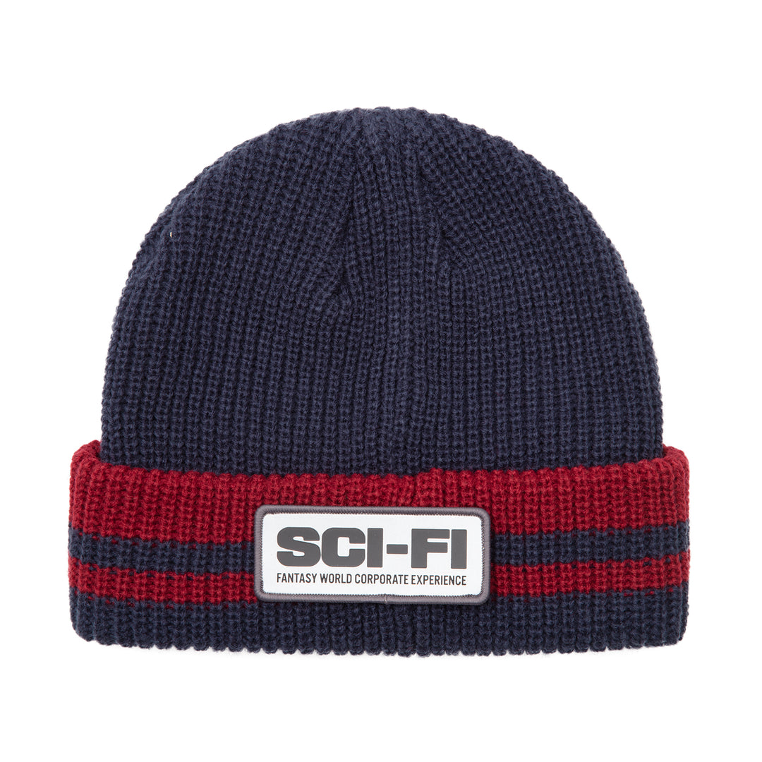 Sci-Fi Fantasy Reflective Patch Striped Beanie Navy/Red