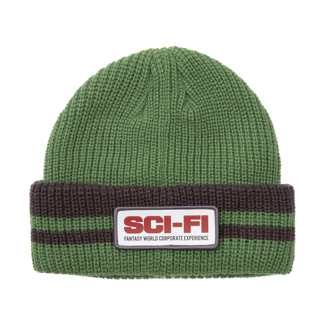 Sci-Fi Fantasy Reflective Patch Striped Beanie Olive/Grey