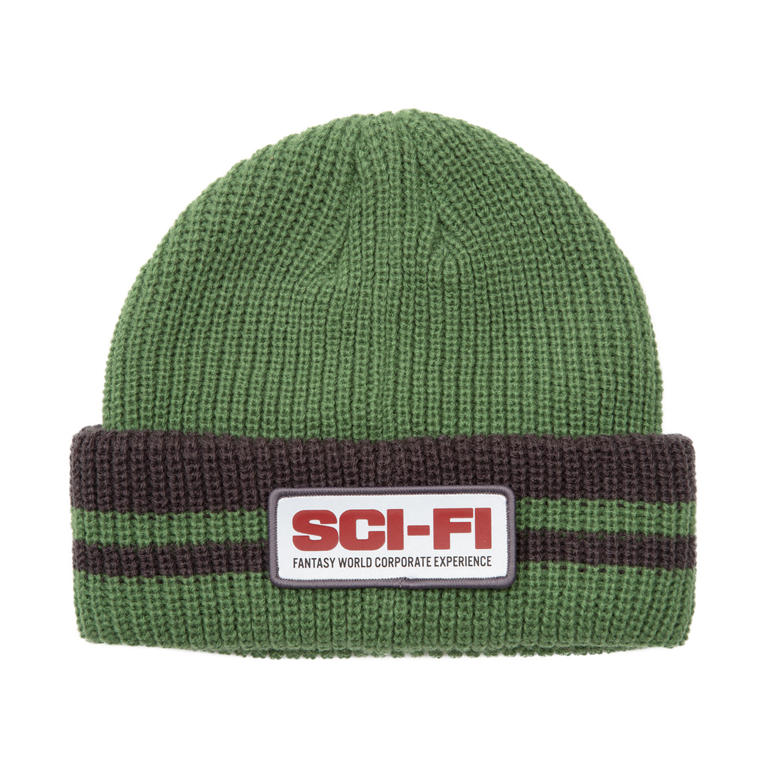 Sci-Fi Fantasy Reflective Patch Striped Beanie Olive/Grey