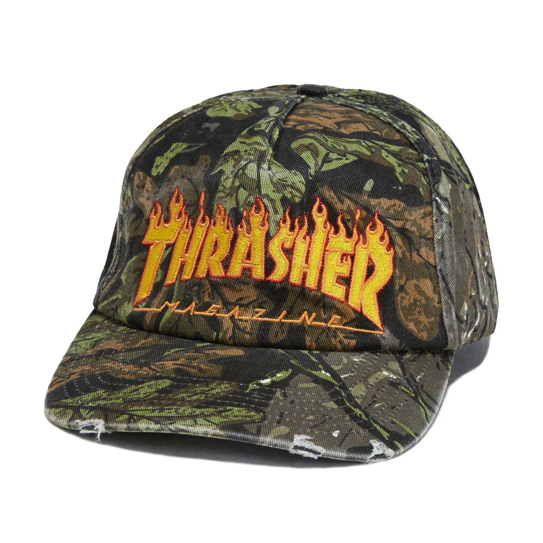 Thrasher Distressed Flame Snapback Hat Camo