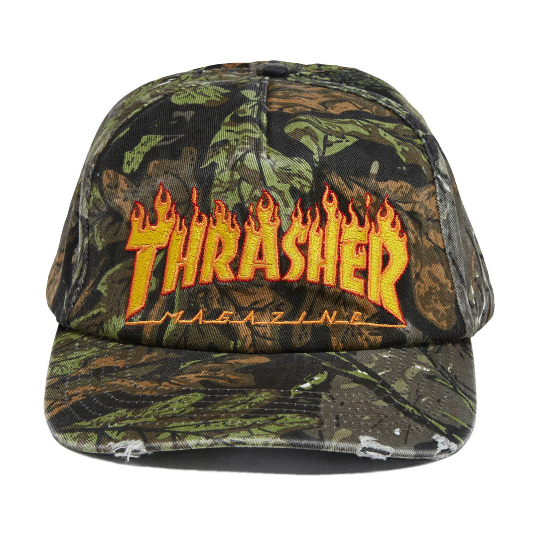 Thrasher Distressed Flame Snapback Hat Camo